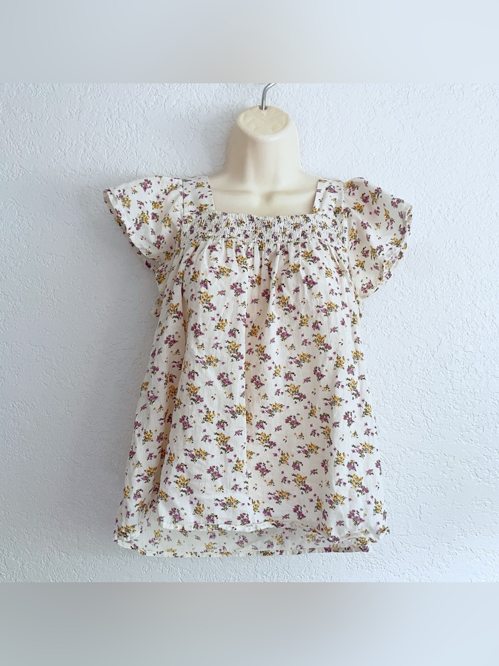 Lucky Brand Floral Square-Neck Ruffle Sleeve Cream Purple Mustard Flowers XS